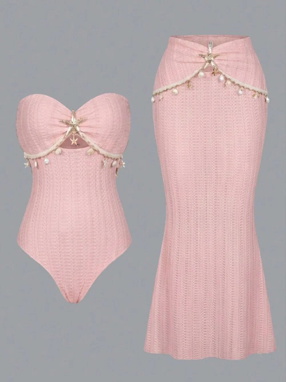 Pink Casual Women's One-Piece Beach swimsuit matching coverup skirt